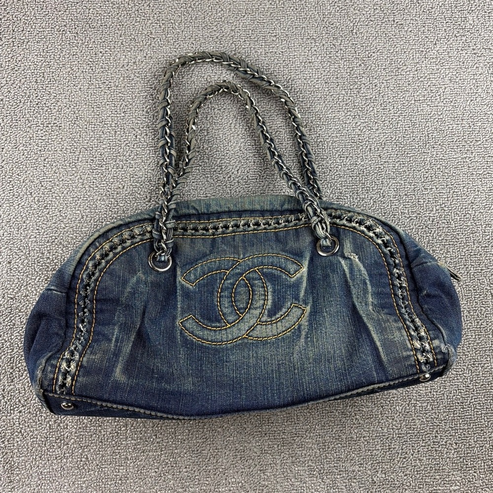 Chanel Women Blue Denim CC Chain Bowler Bag Quilted Distressed Italy Made Boho